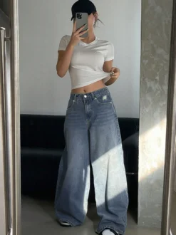 Jean skater baggy taille haute pour femme - Pantalon large effet usé - Streetwear printemps-été 2026