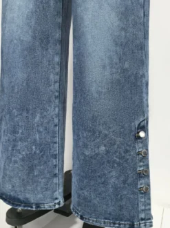 Jean taille haute à jambes larges pour femme - Pantalon en denim bleu moyen vintage à boutons latéraux et coupe décontractée - Style streetwear chic printemps 2026