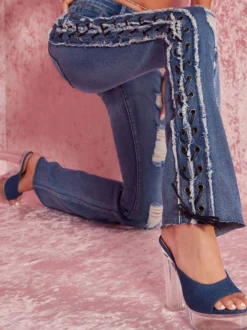 Jean évasé déchiré à lacets latéraux pour femme - Délavage moyen - Coupe bootcut sexy ajourée - Collection streetwear printemps 2026