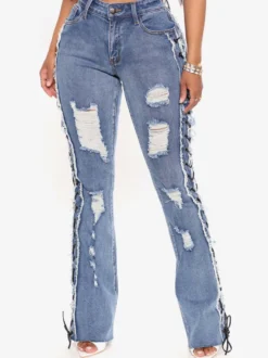 Jean évasé déchiré à lacets latéraux pour femme - Délavage moyen - Coupe bootcut sexy ajourée - Collection streetwear printemps 2026