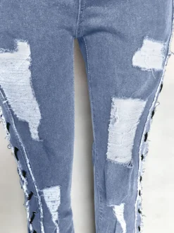 Jean évasé déchiré à lacets latéraux pour femme - Délavage moyen - Coupe bootcut sexy ajourée - Collection streetwear printemps 2026