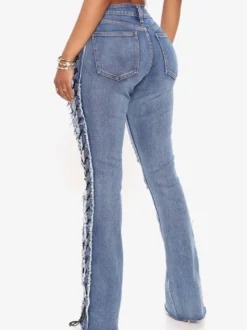 Jean évasé déchiré à lacets latéraux pour femme - Délavage moyen - Coupe bootcut sexy ajourée - Collection streetwear printemps 2026