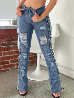 Jean évasé déchiré à lacets latéraux pour femme - Délavage moyen - Coupe bootcut sexy ajourée - Collection streetwear printemps 2026