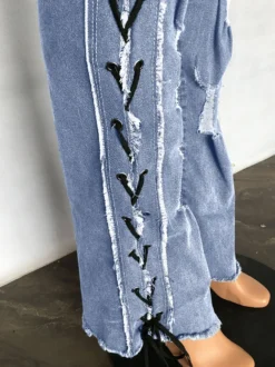 Jean évasé déchiré à lacets latéraux pour femme - Délavage moyen - Coupe bootcut sexy ajourée - Collection streetwear printemps 2026