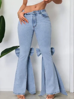 Jean évasé à nœud papillon pour femme - Bas en denim bleu tendance à jambes larges - Streetwear printemps 2026