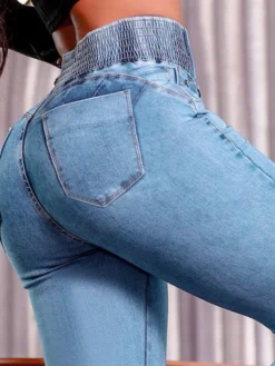 Jean évasé taille haute à smocks pour femme - Pantalon en denim délavé coupe slim en coton élastique - Tenues de printemps pour un rendez-vous galant 2026