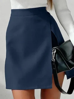 Jupe bleu marine foncé taille haute fendue superposition jupes décontractées d'été