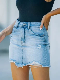 Jupe Courte en Jean Femme Coupe Cintrée à Lacets avec Bouton Unicolore