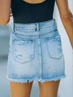 Jupe Courte en Jean Femme Coupe Cintrée à Lacets avec Bouton Unicolore