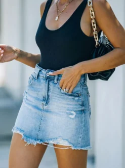 Jupe Courte en Jean Femme Coupe Cintrée à Lacets avec Bouton Unicolore