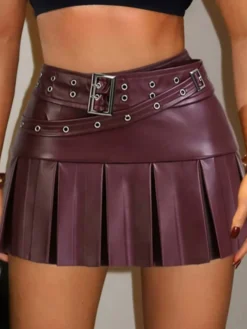 Jupe courte en similicuir auburn naturel à taille haute style chic automne pour femme