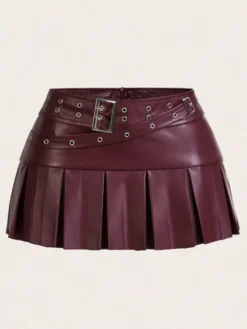 Jupe courte en similicuir auburn naturel à taille haute style chic automne pour femme