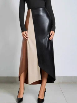 Jupe en similicuir taille haute et fente asymétrique pour femme 2026