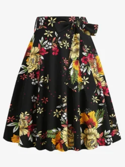 Jupe imprimée vintage années 50 pour femme - Jupe midi trapèze taille haute rétro avec ceinture - Idéale pour une soirée tropicale d'été 2026