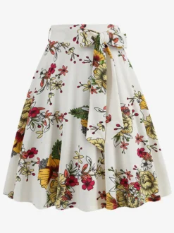 Jupe imprimée vintage années 50 pour femme - Jupe midi trapèze taille haute rétro avec ceinture - Idéale pour une soirée tropicale d'été 2026