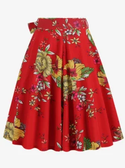 Jupe imprimée vintage années 50 pour femme - Jupe midi trapèze taille haute rétro avec ceinture - Idéale pour une soirée tropicale d'été 2026
