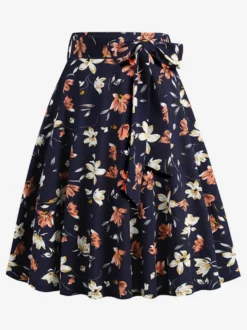 Jupe imprimée vintage années 50 pour femme - Jupe midi trapèze taille haute rétro avec ceinture - Idéale pour une soirée tropicale d'été 2026