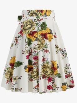 Jupe imprimée vintage années 50 pour femme - Jupe midi trapèze taille haute rétro avec ceinture - Idéale pour une soirée tropicale d'été 2026