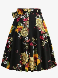 Jupe imprimée vintage années 50 pour femme - Jupe midi trapèze taille haute rétro avec ceinture - Idéale pour une soirée tropicale d'été 2026