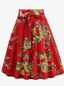 Jupe imprimée vintage années 50 pour femme - Jupe midi trapèze taille haute rétro avec ceinture - Idéale pour une soirée tropicale d'été 2026