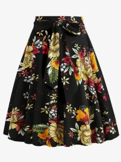 Jupe imprimée vintage années 50 pour femme - Jupe midi trapèze taille haute rétro avec ceinture - Idéale pour une soirée tropicale d'été 2026