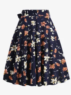 Jupe imprimée vintage années 50 pour femme - Jupe midi trapèze taille haute rétro avec ceinture - Idéale pour une soirée tropicale d'été 2026