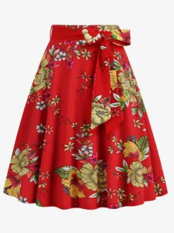 Jupe imprimée vintage années 50 pour femme - Jupe midi trapèze taille haute rétro avec ceinture - Idéale pour une soirée tropicale d'été 2026