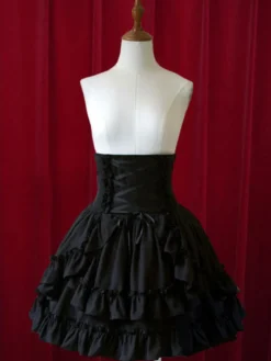Jupe Lolita Classique Taille Haute Noire Élégante Luxueuse Séduisante en Coton Unicolore à Volants Déguisements Halloween