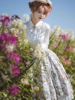 Jupe Lolita de style pastoral Jupes Lolita à volants blancs à imprimé floral