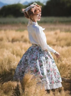 Jupe Lolita de style pastoral Jupes Lolita à volants blancs à imprimé floral