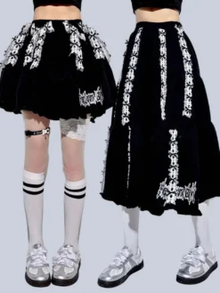 Jupe Lolita en dentelle brodée de ruban jupe trapèze noire pliable longue