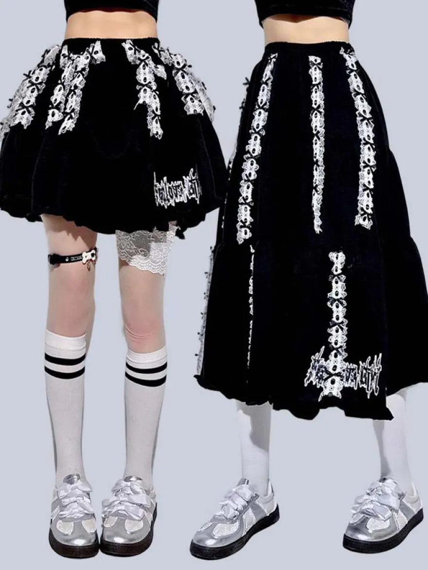 Jupe Lolita en dentelle brodée de ruban jupe trapèze noire pliable longue
