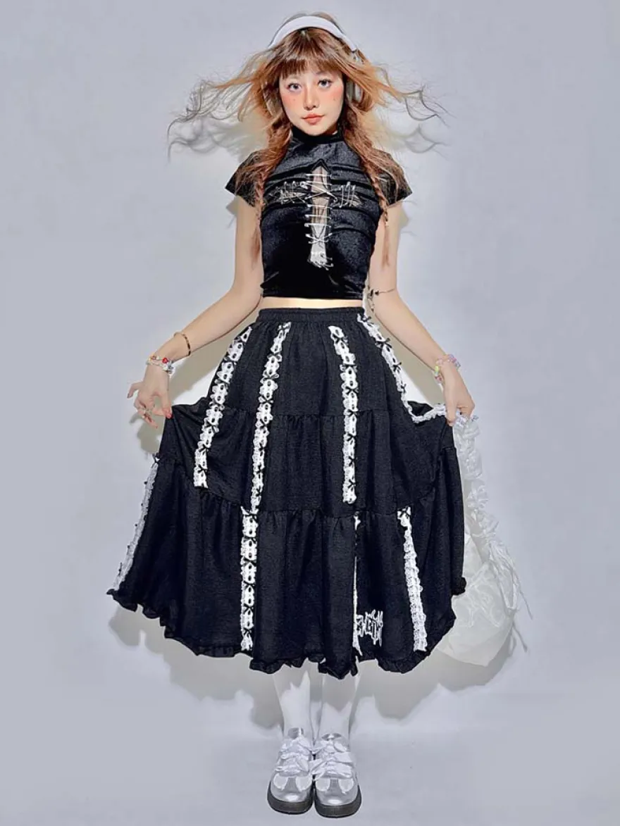 Jupe Lolita en dentelle brodée de ruban jupe trapèze noire pliable longue