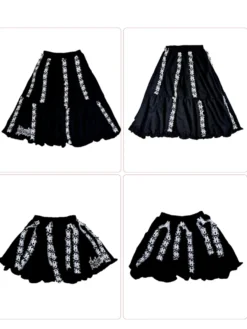Jupe Lolita en dentelle brodée de ruban jupe trapèze noire pliable longue