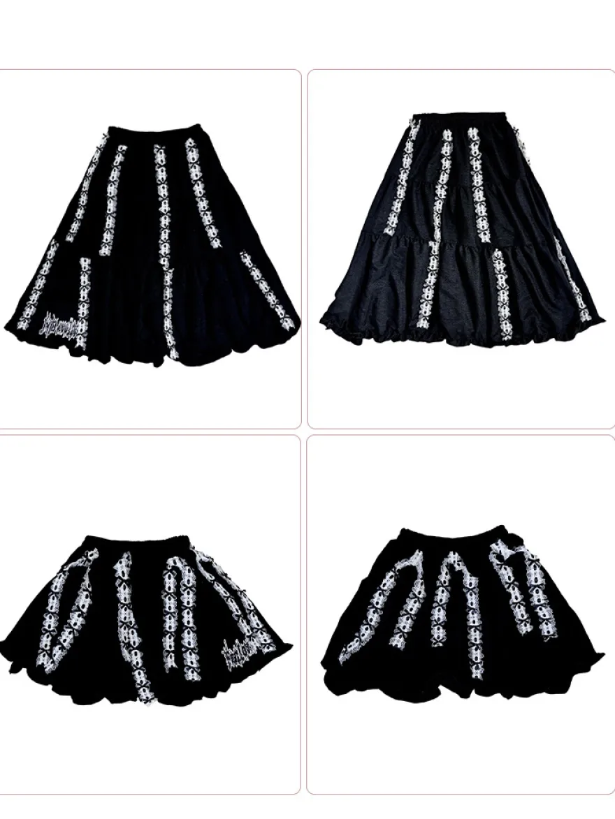 Jupe Lolita en dentelle brodée de ruban jupe trapèze noire pliable longue