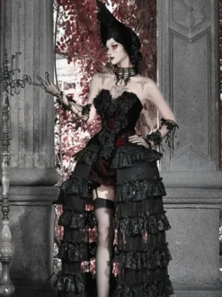 Jupe Lolita gothique noire et rouge SK à volants et taille haute avec traîne spectaculaire