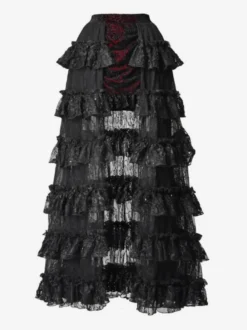 Jupe Lolita gothique noire et rouge SK à volants et taille haute avec traîne spectaculaire