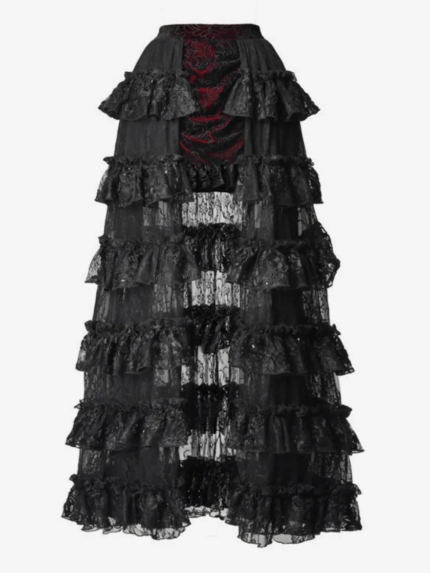Jupe Lolita gothique noire et rouge SK à volants et taille haute avec traîne spectaculaire