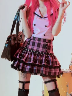 Jupe Lolita Mini-jupe à carreaux avec bordure en dentelle superposée