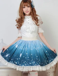 Jupe Lolita Paon bleu foncée douse magnifique en polyester impression avec dentelle Déguisements Halloween