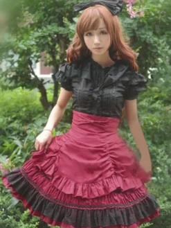 Jupe lolita parfaite douse en 100% coton bicolore avec noeud Déguisements Halloween