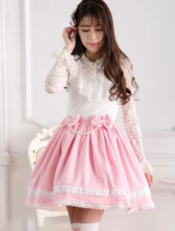 Jupe Lolita rose douse séduisante en coton impression avec dentelle Déguisements Halloween