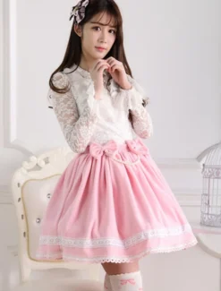 Jupe Lolita rose douse séduisante en coton impression avec dentelle Déguisements Halloween