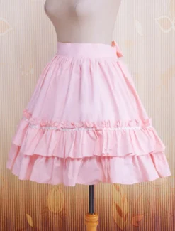 Jupe Lolita rose à volants en coton avec nœud Déguisements Halloween