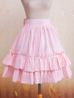 Jupe Lolita rose à volants en coton avec nœud Déguisements Halloween