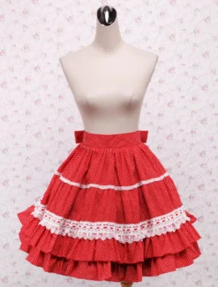 Jupe Lolita à volants en coton rouge avec dentelle et nœud Déguisements Halloween
