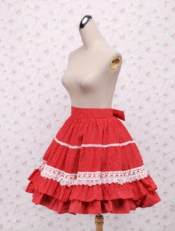 Jupe Lolita à volants en coton rouge avec dentelle et nœud Déguisements Halloween