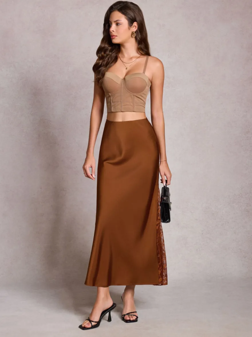 Jupe longue d'été élégante en satin vert taille naturelle pour femme