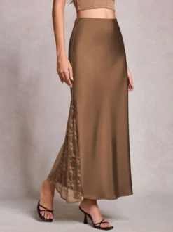 Jupe longue d'été élégante en satin vert taille naturelle pour femme