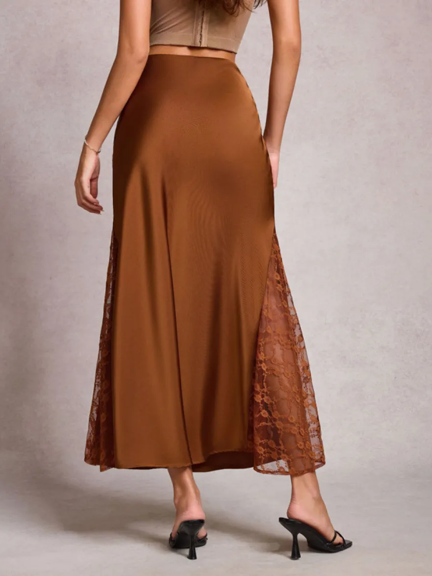 Jupe longue d'été élégante en satin vert taille naturelle pour femme